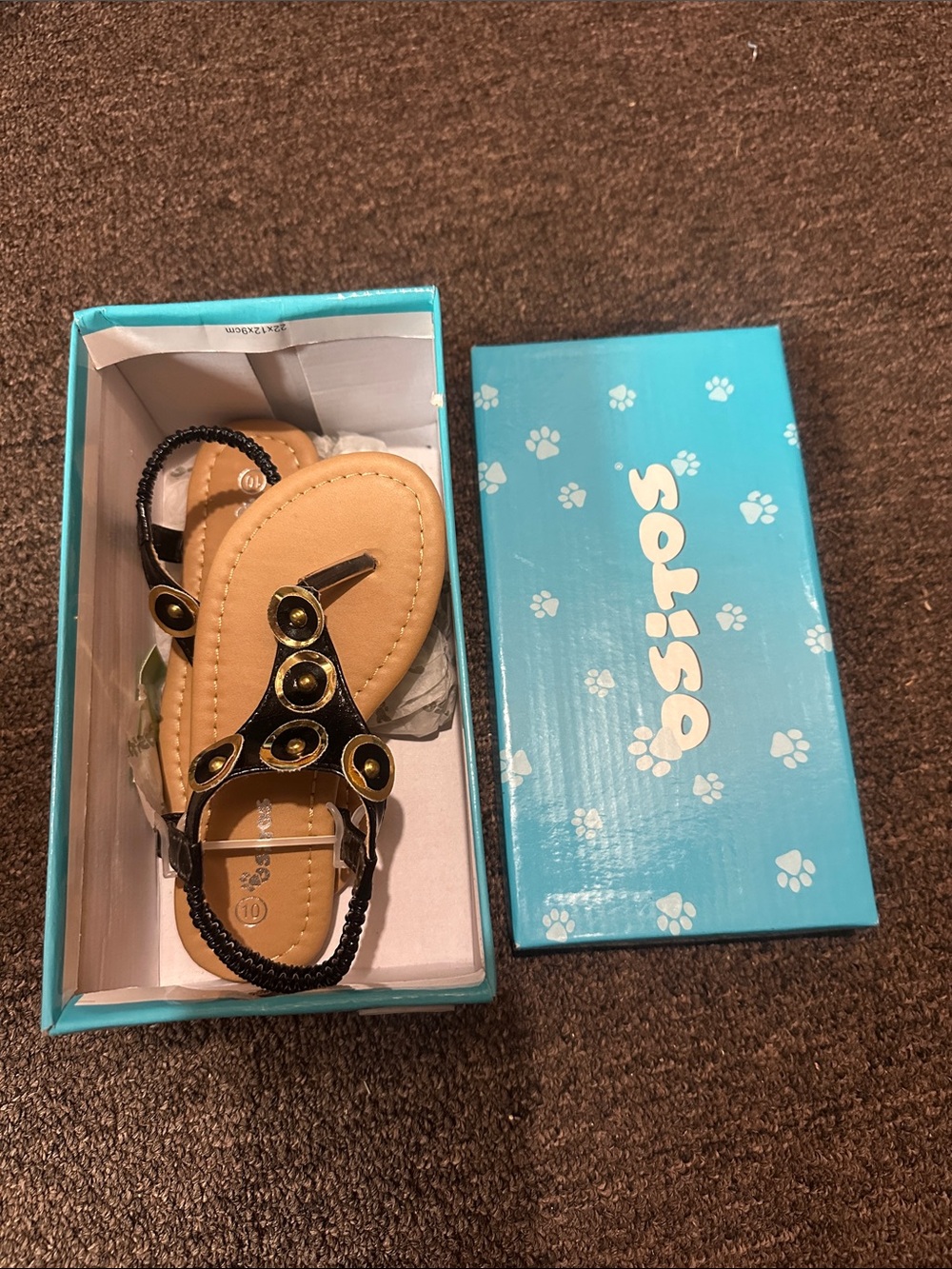 Kids Black and Tan Beaded T-Strap Sandals size 10 toddler
